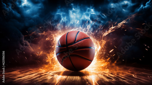 Close-up of a basketball in fire surrounded by flames © Keitma