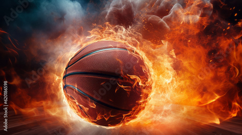 Close-up of a basketball in fire surrounded by flames © Keitma