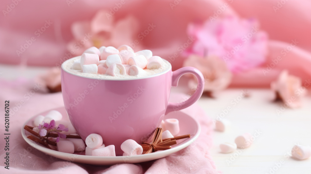 Cup of hot cocoa garnished with a cinnamon stick and marshmallow with bright pink color palette Cup of hot cocoa garnished with a cinnamon stick and marshmallow with bright pink color palette
