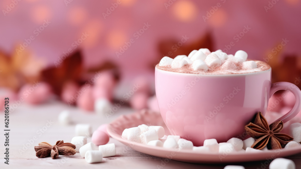 Cup of hot cocoa garnished with a cinnamon stick and marshmallow with bright pink color palette Cup of hot cocoa garnished with a cinnamon stick and marshmallow with bright pink color palette