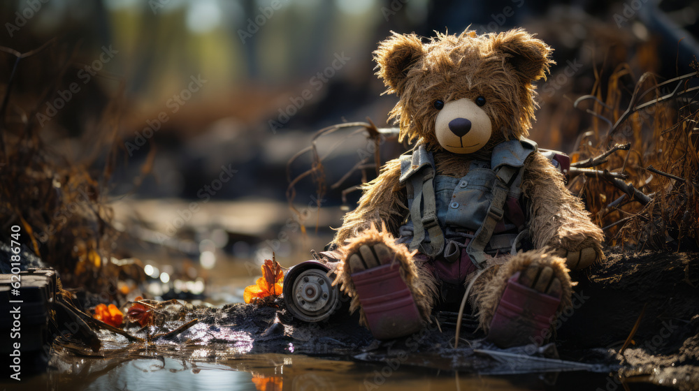 Teddy bear in a ditch dirty and damaged child stuffed toy - obrazy, fototapety, plakaty 