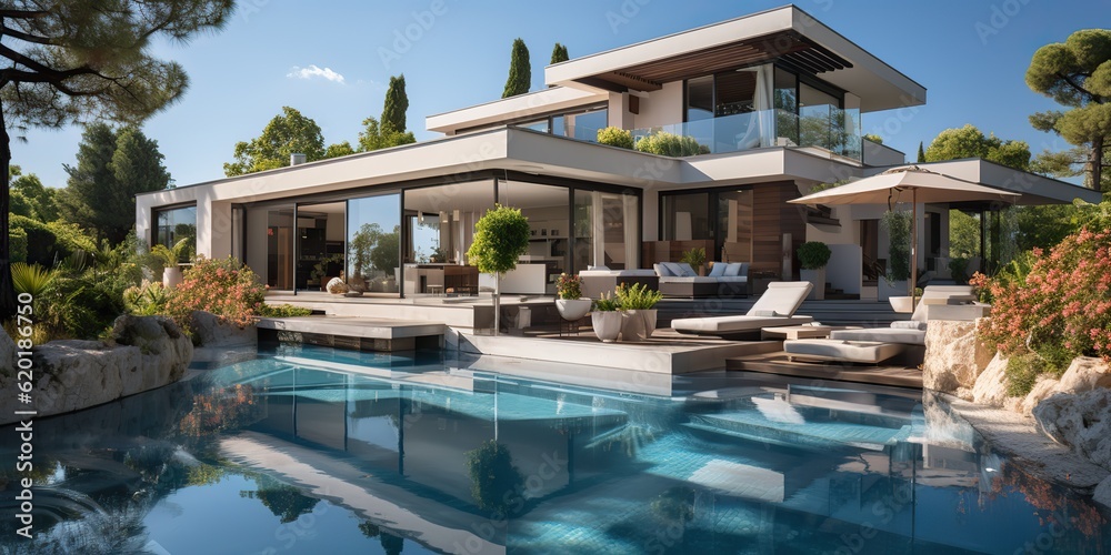 Fototapeta premium AI Generated. AI Generative. Modern design architecture house villa hotel mansion with swimming pool. Outdoor luxury vibe vacation. Graphic Art