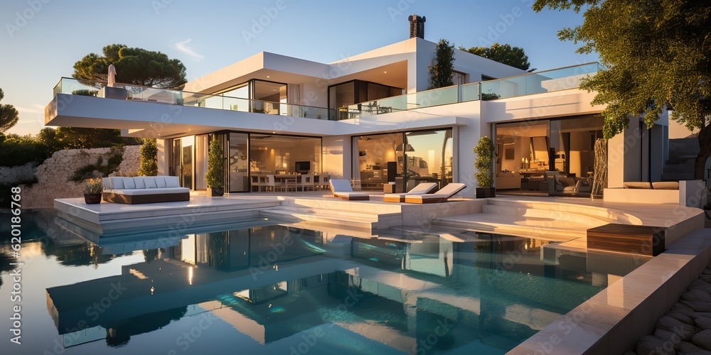 Obraz premium AI Generated. AI Generative. Modern design architecture house villa hotel mansion with swimming pool. Outdoor luxury vibe vacation. Graphic Art