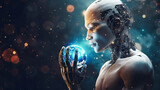 Cyborg woman holding a globe in her hand. 3d rendering