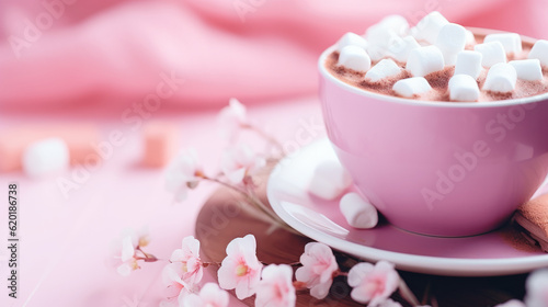 Cup of hot cocoa garnished with a cinnamon stick and marshmallow with bright pink color palette