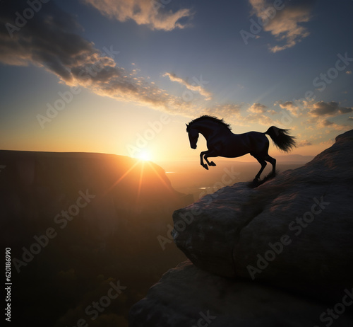Victory concept  Silhouette of horse rearing up on cliff edge at sunset  Generative AI Illustration