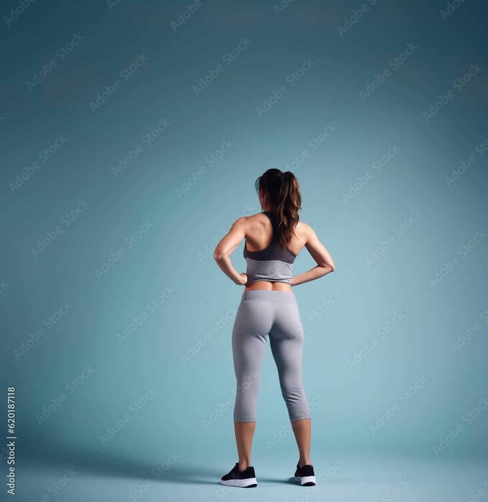 Female fitness model standing with her back at the camera in full body, Generative AI Illustration