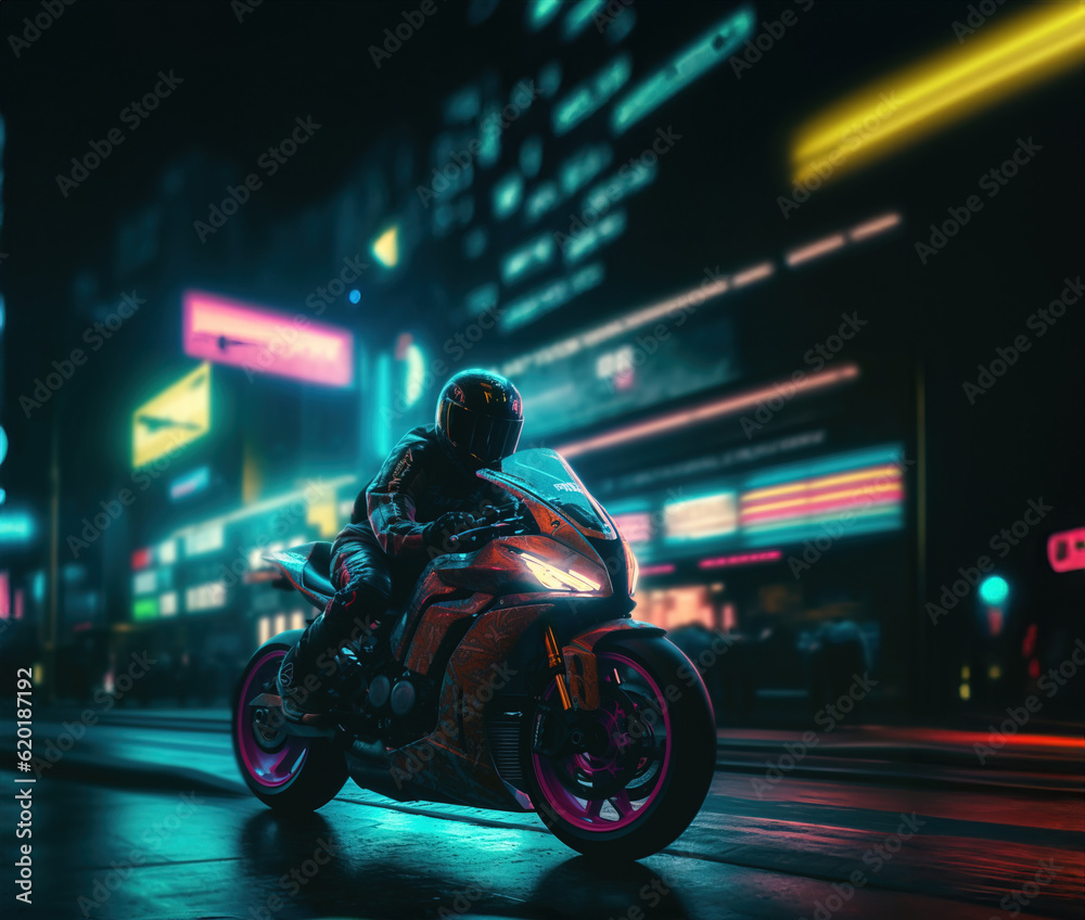 Motorbiker is riding a futuristic motorcycle on the night street in big city, Generative AI Illustration