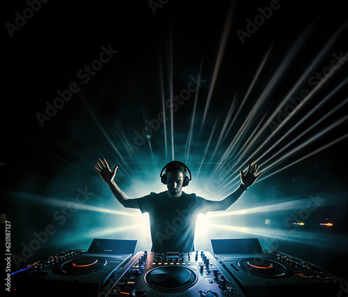 Fotografie, Tablou Dj mixing music on stage at concert, Generative AI Illustration