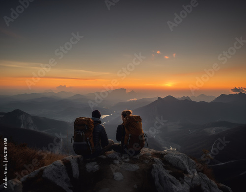 Two people with backpacks sitting on mountain top after sunset, Generative AI Illustration