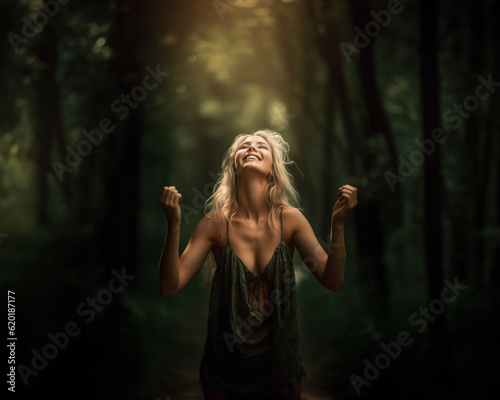 Excited blond woman enjoying the nature in forest park, Generative AI Illustration