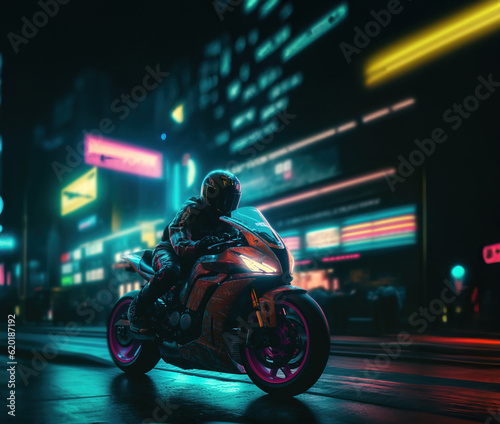 Motorbiker is riding a futuristic motorcycle on the night street in big city, Generative AI Illustration © IBEX.Media