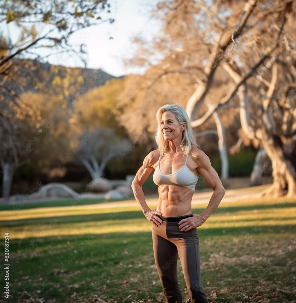 Mature Muscular female fitness model posing in the garden, Generative AI Illustration Mature Muscular female fitness model posing in the garden, Generative AI Illustration