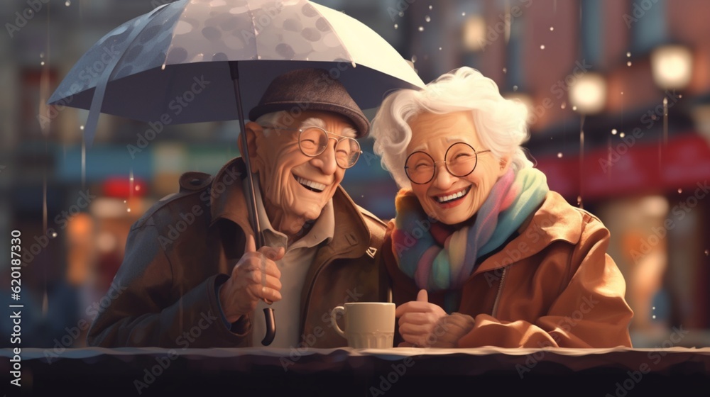 Concept: life and rest of pensioners. Happy elderly couple are sitting at a cafe table in the city and chatting. created by AI Concept: life and rest of pensioners. Happy elderly couple are sitting at a cafe table in the city and chatting. created by AI