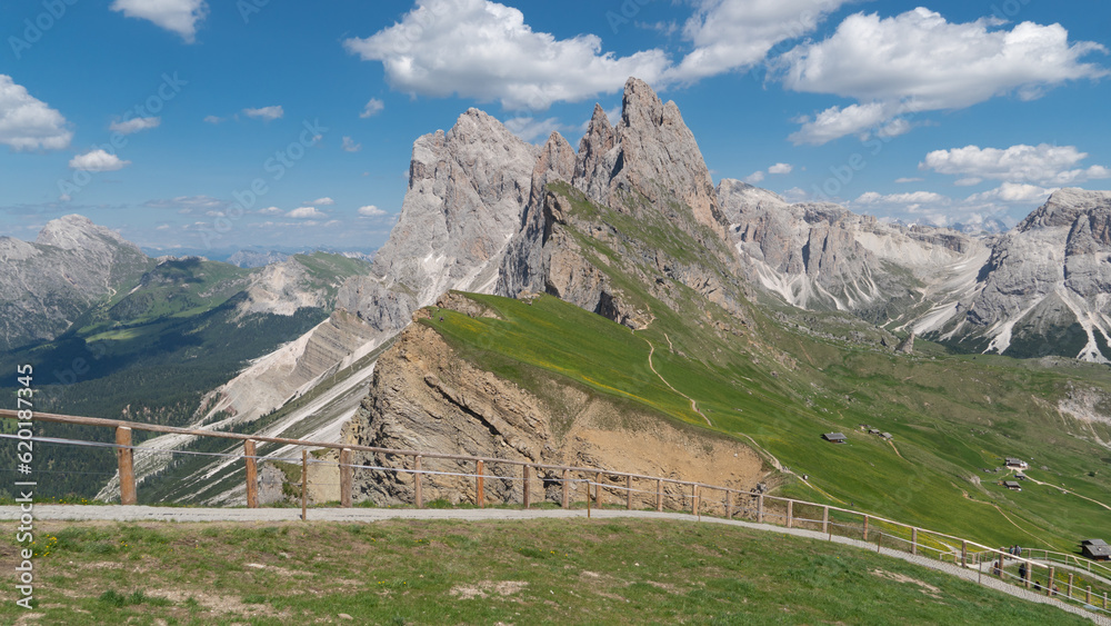 View of the  Geislerspitzen mountains (Gruppo delle Odle) in the Dolomites (Italian Alps), as seen from the Seceda mountain peak