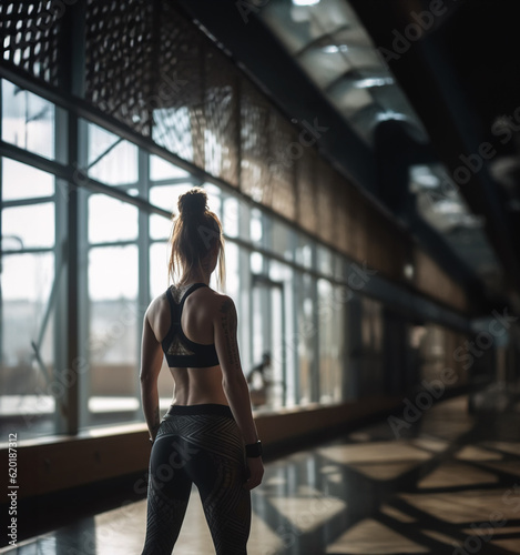 Fit female fitness model standing in gym, Generative AI Illustration