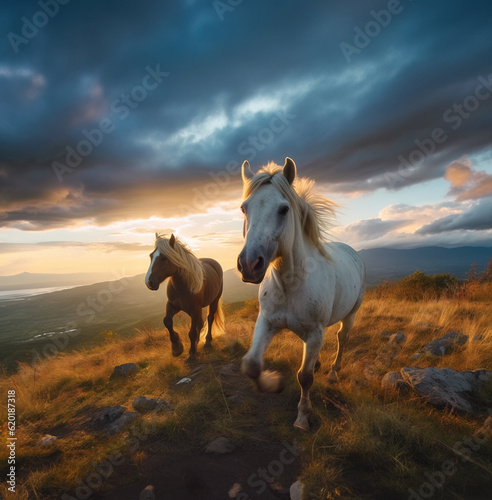 Two beautiful horses running in spectacular landscape at sunset, Generative AI Illustration © IBEX.Media