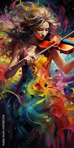 art illustration pretty woman playing violin with colorsplash, dreamy fantasy , Generative Ai