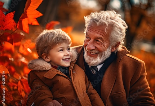 uncle with nephew taking photo in autumn park, Generative Ai