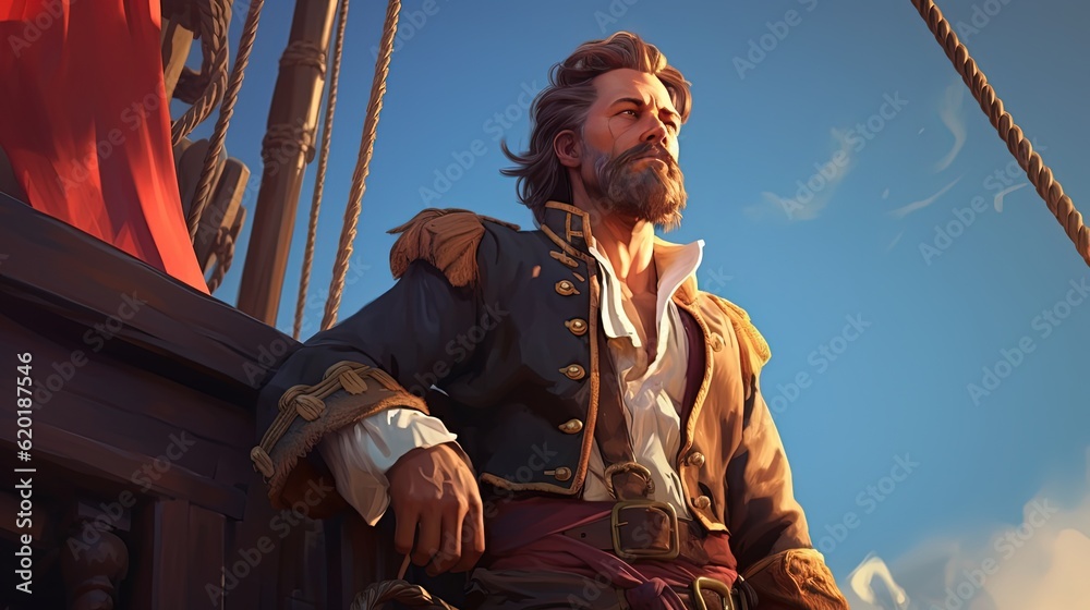 Fototapeta premium cartoon illustration of brave male pirate captain with blue sky background, generative Ai