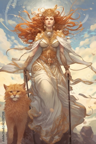 Painting of Freyja, a norse, scandinavian pagan goddess associated with love, beauty, fertility, sex, war, gold, and prophecies. Generative AI image. photo