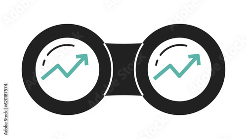 Profit arrows up diagram in binoculars monochrome flat vector object. Editable black and white thin line icon. Simple cartoon clip art spot illustration for web graphic design