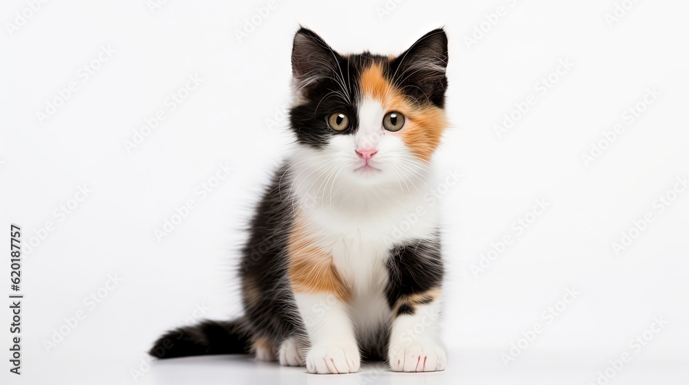 Naklejka premium cute calico tri color kitten sitting isolated on white background , Generative Ai