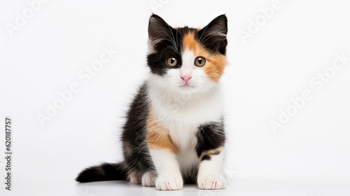 cute calico tri color kitten sitting  isolated on white background , Generative Ai