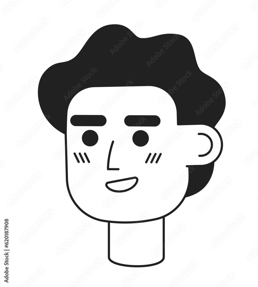 Cheerful handsome young man monochrome flat linear character head. Editable outline hand drawn human face icon. Happy entrepreneur. 2D cartoon spot vector avatar illustration for animation Cheerful handsome young man monochrome flat linear character head. Editable outline hand drawn human face icon. Happy entrepreneur. 2D cartoon spot vector avatar illustration for animation