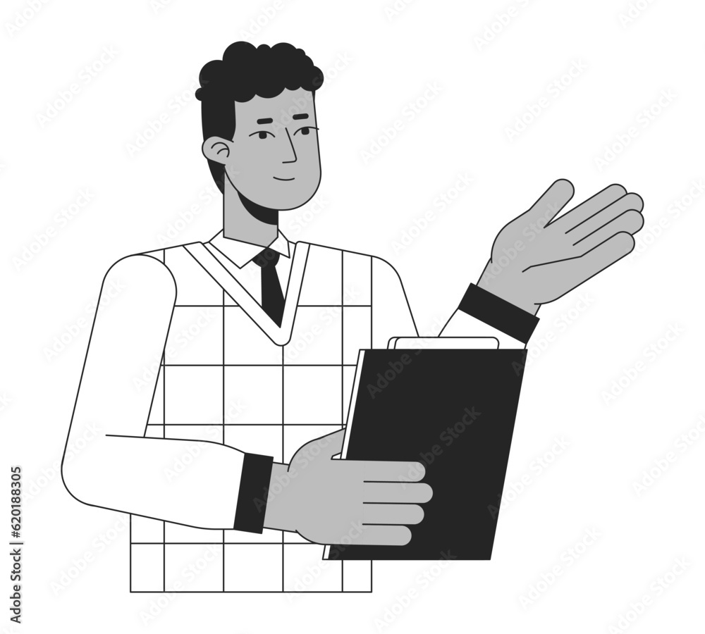 African american teacher holds book flat line black white vector character. Editable outline half body young adult man explains. Simple cartoon isolated spot illustration for web graphic design