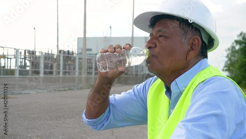 Elderly Asian male worker or engineer drinking refreshing water on summer day near wind turbine power plant.