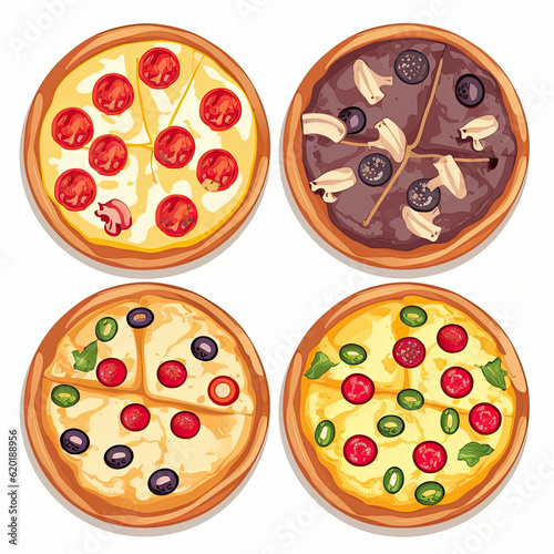 a set of four pizzas with different toppings