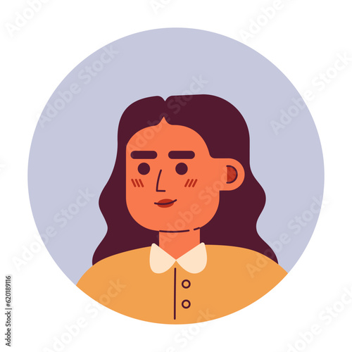 Pretty young woman with curly hair semi flat vector character head. White collar shirt. Editable cartoon avatar icon. Face emotion. Colorful spot illustration for web graphic design, animation