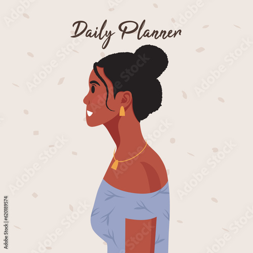 Daily planner cover. Schedule  goals  notes. Young beautiful African American woman profile portrait.. Vector illustration.