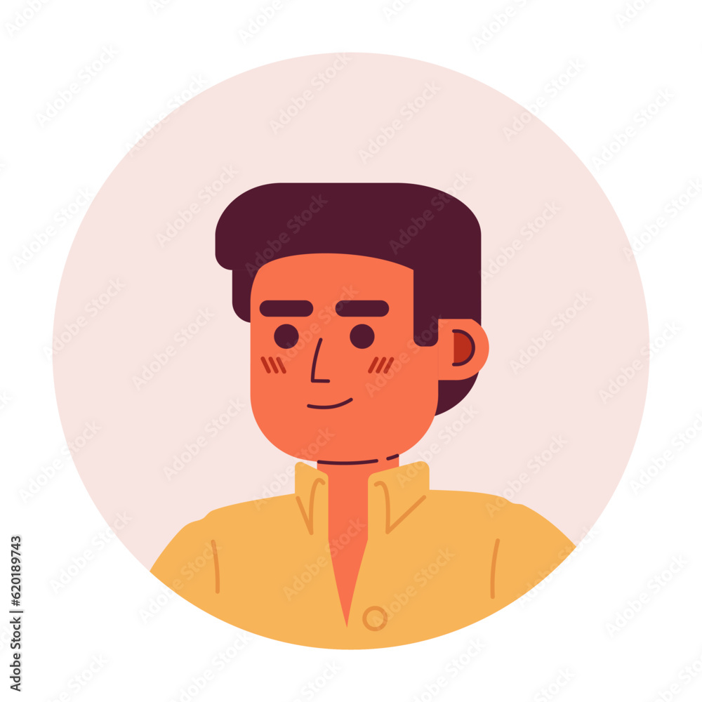 Cheerful young adult man semi flat vector character head. Hispanic male person. Editable cartoon avatar icon. Face emotion. Colorful spot illustration for web graphic design, animation Cheerful young adult man semi flat vector character head. Hispanic male person. Editable cartoon avatar icon. Face emotion. Colorful spot illustration for web graphic design, animation