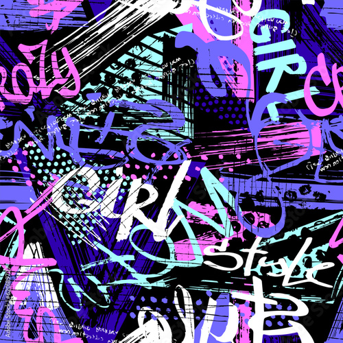Abstract seamless chaotic pattern with urban graffiti words, scuffed and sprays. Grunge texture background. Wallpaper for girls. Fashion sport style