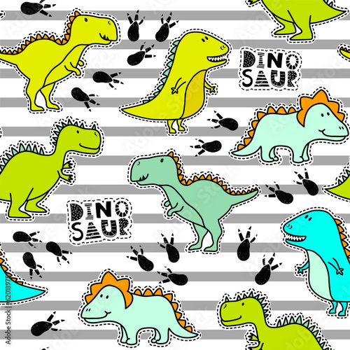 Seamless pattern with funny dinosaurs on stripes background. Print for kids
