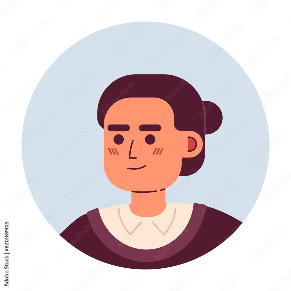Asian serious woman semi flat vector character head. Adult lady with bun hairstyle. Editable cartoon avatar icon. Face emotion. Colorful spot illustration for web graphic design, animation