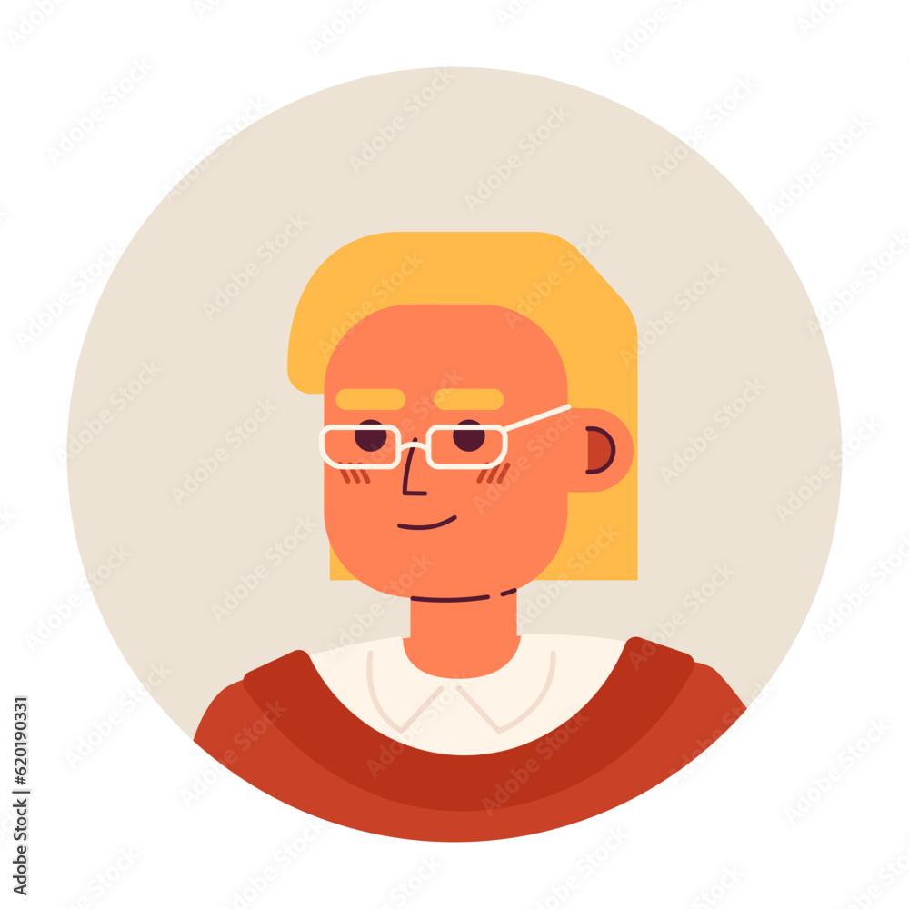 Young blonde woman in glasses semi flat vector character head. Short bob haircut. Editable cartoon avatar icon. Face emotion. Colorful spot illustration for web graphic design, animation