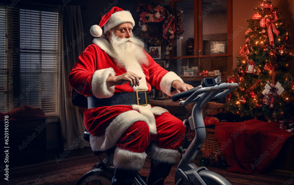 Santa Claus trains on his room bike to prepare for the delivery of presents