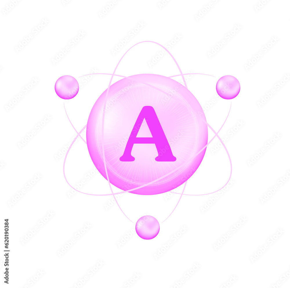 Vitamin A icon structure light pink purple, white. Medicine health symbol of thiamine. 3D Vector Illustration. Complex with chemical formula. Personal care, beauty. Drug business. Cut out PNG.