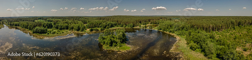 Aerial panorama of the lake in the forest in Podlasie  Poland on a sunny spring day.