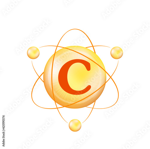 Vitamin C icon structure yellow golden substance isolated on cut out PNG. complex with chemical formula. Personal care, beauty concept. Medicine health symbol of thiamine. 3D Vector Illustration.	