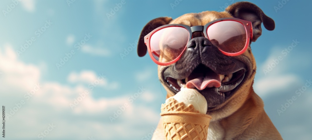 Funny animal pet summer holiday vacation photography banner - Closeup of bulldog dog with sunglasses, eating ice cream in cone, blue sky with sunshine in background (Generative Ai).
