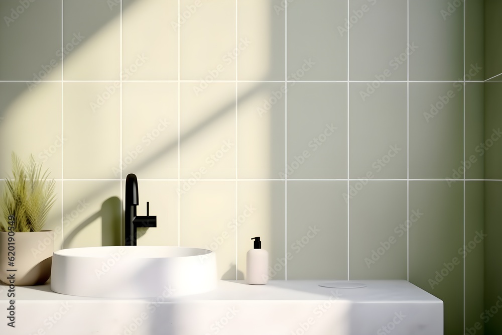Fototapeta premium interior design of bathroom, empty white vanity counter with ceramic washbasin and faucet
