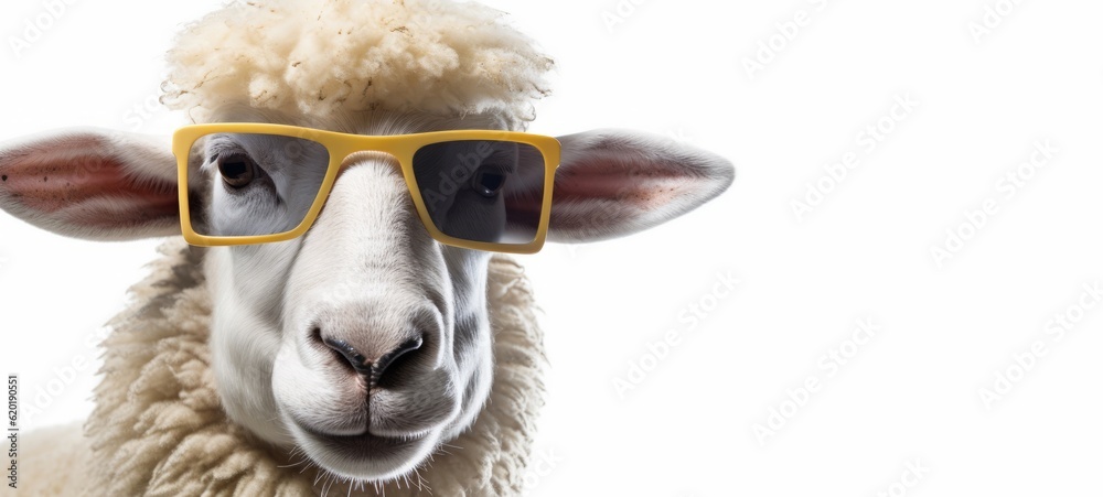 Funny animal summer holiday vacation photography banner - Closeup of sheep with sunglasses, isolated on white background (Generative Ai)