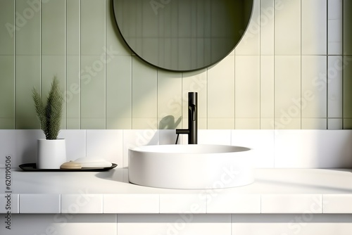 interior design of bathroom, empty white vanity counter with ceramic washbasin and faucet photo