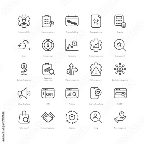 Outline style ui icons hard finance skill collection. Vector black linear icon illustration set. Project, professional, analysis symbol isolated on white background. Design for finance business