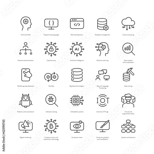 Outline style ui icons hard technical skill collection. Vector black linear icon illustration set. Programming, development and big data symbol isolated on white background. Design element