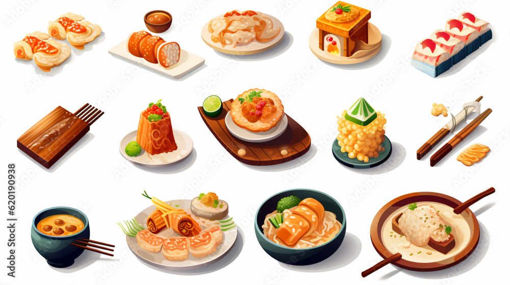 Japanese food icons set. Isometric set of japanese food vector icons for web design
